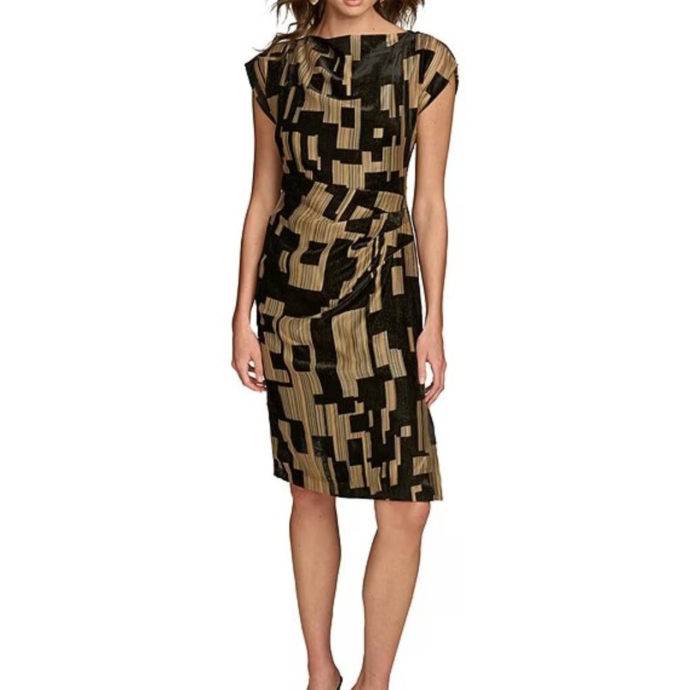 NWT Donna Karan Gold / Black Metallic Velvet Boat Neck Cap Sleeve Sheath Dress